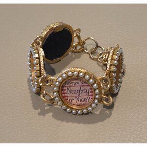 Vtg. Maximally Yours! Christmas Charm Bracelet Toggle Clasp Pearl Accents SIGNED